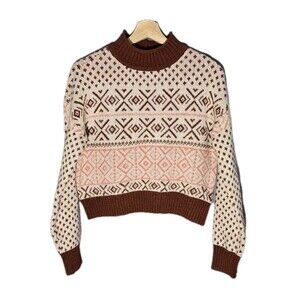 American Eagle Fair Isle Boho Cropped Knit Sweater Brown Ivory Women’s XS